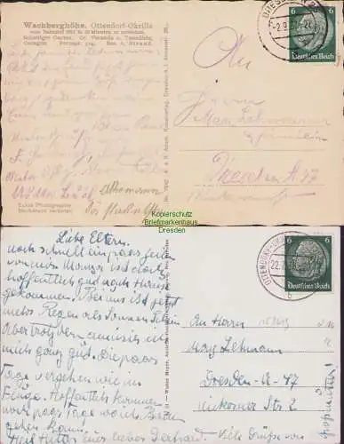 153619 2 AK Gaststätte Wachberghöhe Ottendorf-Okrilla m. Rundblick 1937 Postamt