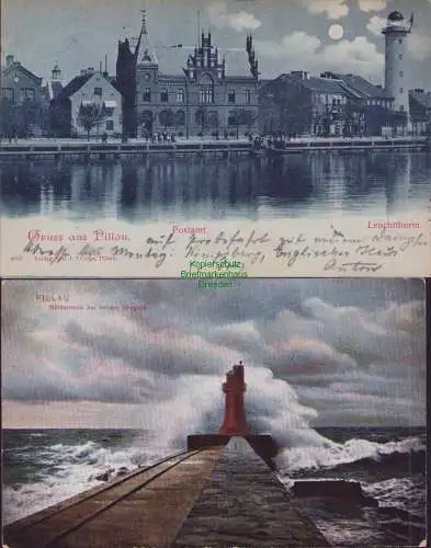 153739 2 AK Gruss aus Pillau Ostpreußen Postamt Leuchtturm 1898 Nordermole 1909