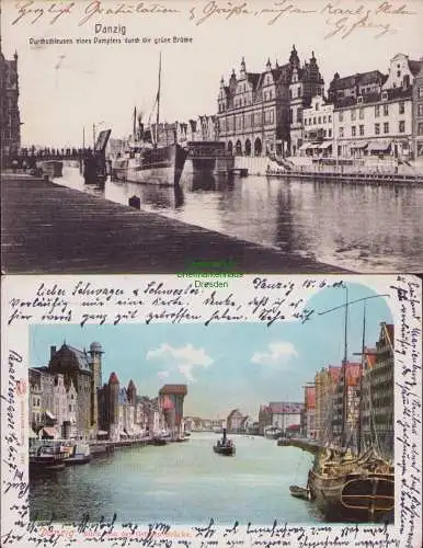 153754 2 AK Danzig Durchschleusen eines Dampfers durch die grüne Brücke 1909