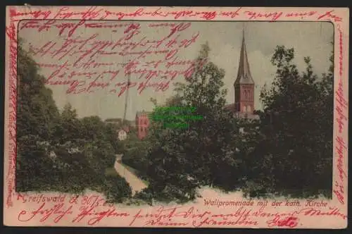 151078 AK Greifswald Wallpromenade mit der Kath. Kirche 1903