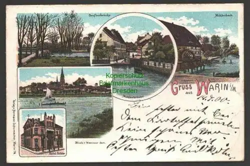 145739 AK Warin Mecklenburg Litho 1900 Hotel Eichler Mühlenbrücke Säufzerbrücke