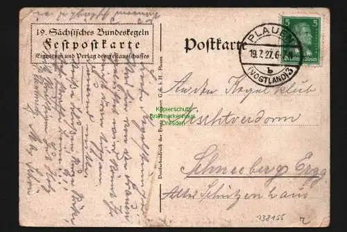 138155 AK Festpostkarte 19. Sächsisches Bundeskegeln Plauen i. V. 1927