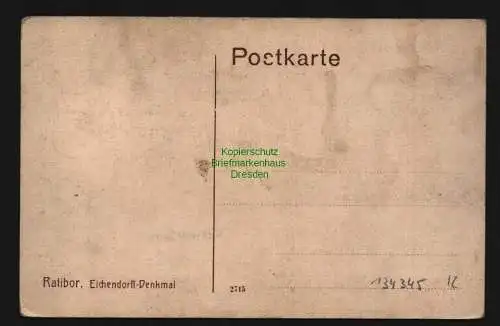 134345 AK Ratibor O.-S. Raciborz um 1910 Freiherr v. Eichendorff Denkmal