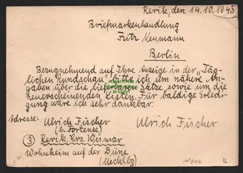 B11204 Postkarte SBZ 9 Mecklenburg 1946 Rerik nach Berlin Neukölln