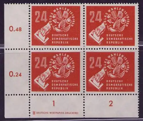 3349 DDR 275 DZ Volkswahlen 1950 Viererblock mit Druckereizeichen ungefaltet **