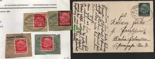 B8823 DR Postkarte + 4x Briefstück Bahnpost Schivelbein - Pollnow 1934