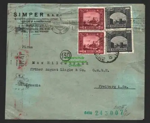 B8795 Brief Simper S. A. R. Rumänien Bucuresti 1941 nach Freiberg Zensur