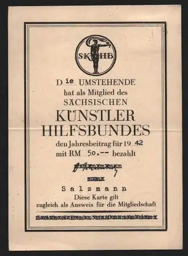 B12477 Postkarte Sächsischer Künstler Hilfsbund Jahresbeitrag 1942 Ausweis