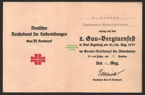 B10206 Bad Segeberg 1937 Urkunde 2. Gau Bergturnfest Geräte Vierkampf Nordmark