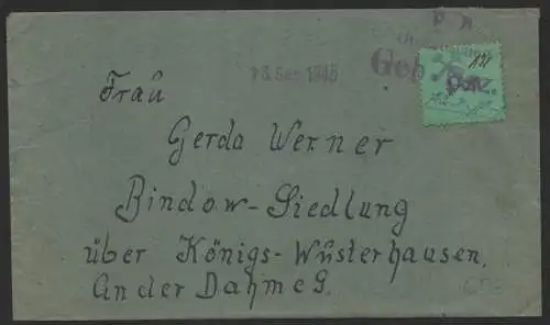 B-14551 Brief Lokalausgabe Großräschen Notstempel 13. Sep. 1945 nach Bindow