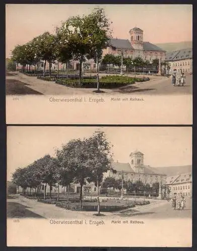 87242 2 AK Oberwiesenthal i. Erzgeb. Markt mit Rathaus s/w und coloriert um 1900