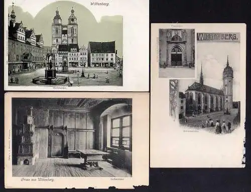 87233 3 AK Lutherstadt Wittenberg Marktplatz Schlosskirche Thesentor um 1900