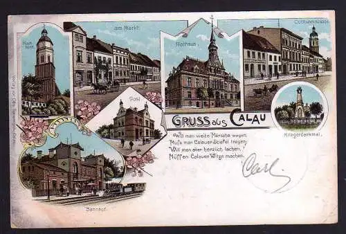 79383 AK Calau Litho Post Bahnhof Kirchturm Rathaus um 1900
