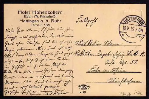 79054 AK Hattingen a. d. Ruhr 1915 Hotel Hohenzollern