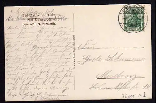 75205 AK Bad Waldheim Harz Elbingerode 1913 Hotel Waldhaus