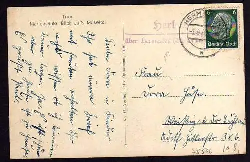 75506 AK Trier 1938 Mariensäule Landpoststempel Herl über Hermeskeil Bz. Trier