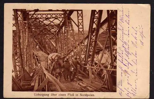 73660 AK Übergang über e. Fluß in Nordpolen Feldpost 1917 Brücke Behelfsbrücke