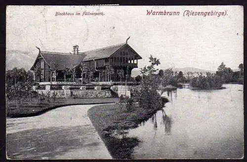 50067 AK Warmbrunn Riesengebirge Blockhaus im Füllnerpark 1922
