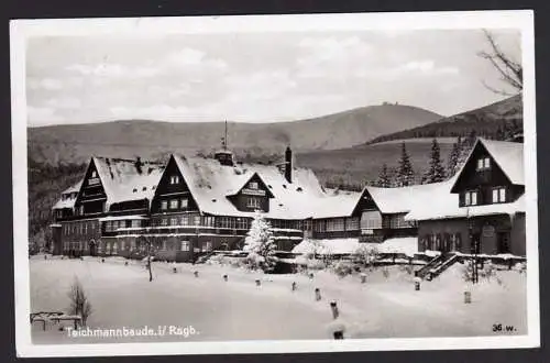 39607 AK Riesengebirge Krummhübel 1931 Fotokarte Teichmannbaude im Winter