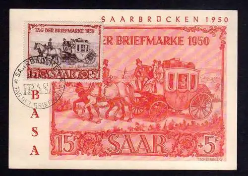 108090 Maximumkarte Saarland 291 IBASA Tag der Briefmarke 1950 Ersttag FDC