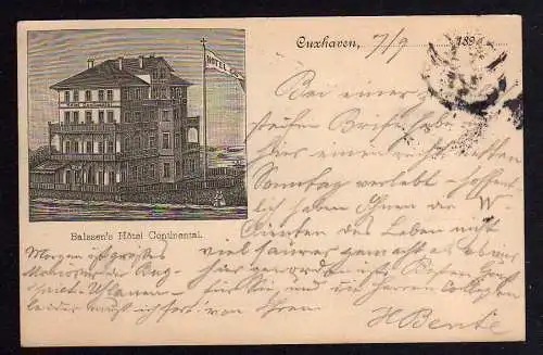 84776 AK Cuxhaven 1890 Vorläufer  Balssens Hotel Continental handschriftliche En