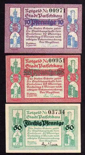 85537 Notgeld Patschkau 3 Scheine Huch Feuer Kieslich Motorspritzen Gymnasium