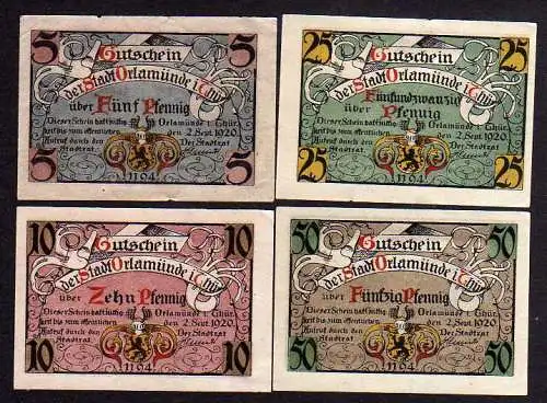 85723 Notgeld Orlamünde 4 kleine Scheine 1921  5,7 x 4,1 cm