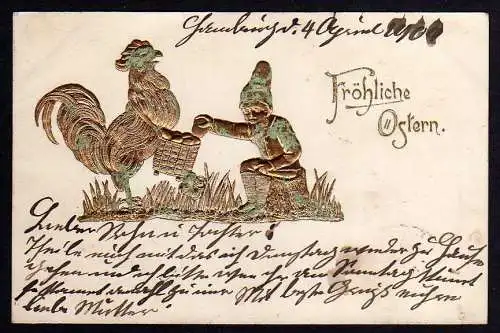 71348 AK Fröhliche Ostern 1904 Hahn Zwerg Korb gold geprägt
