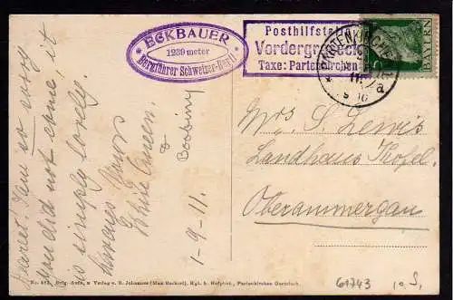 61743 AK Eckbauer 1911 Garmisch-Partenkirchen Posthilfsstelle Vordergraseck