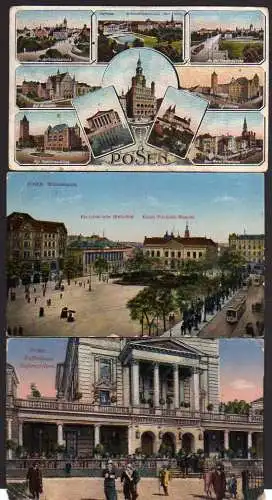 51252 3 Ansichtskarte Posen Wilhelmplatz Bibliothek Museum 1918 Kaffeehaus Hohenzollern