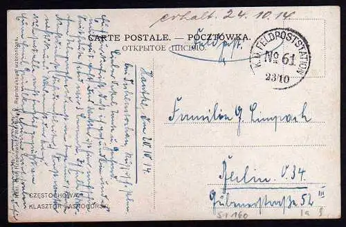 51160 AK Tschenstochau Czenstochau Czestochowa 1914 Feldpost Klasztor Jasnogorsk