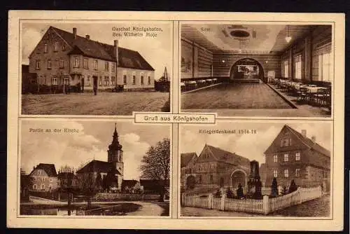 29076 Ansichtskarte Königshofen Thür. Gasthof Restaurant Saal Kirche Kriegerdenkmal 1914-19