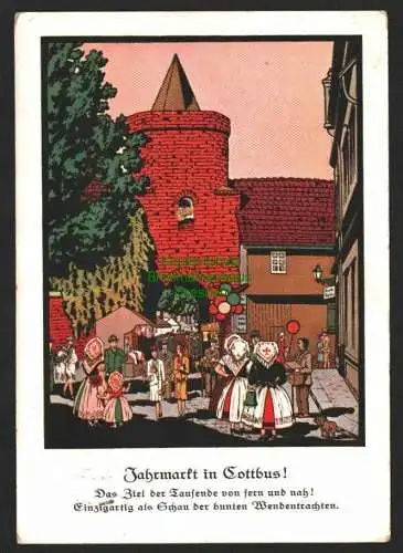 146617 Ansichtskarte Jahrmarkt in Cottbus Künstlerkarte C. Göde 1929 Wendische Trachten