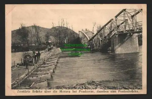 140319 AK zerstörte Brücke über die Morava bei Praskovze Pontonbrücke um 1917