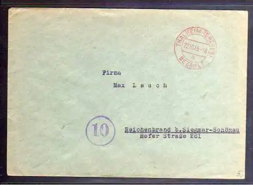 B789 SBZ Brief Gebühr bezahlt 1945 Thalheim Erzgeb.