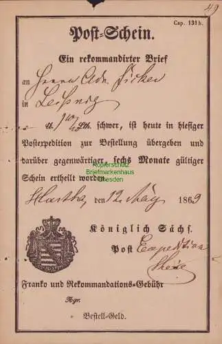 B15299 AD Sachsen Postschein 1869 Hartha nach Leipzig