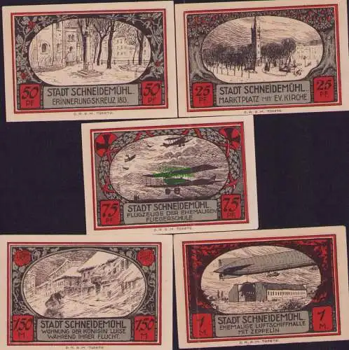 B15292 5 Scheine Notgeld Schneidemühl Flugzeug Zeppelin Fliegerschule