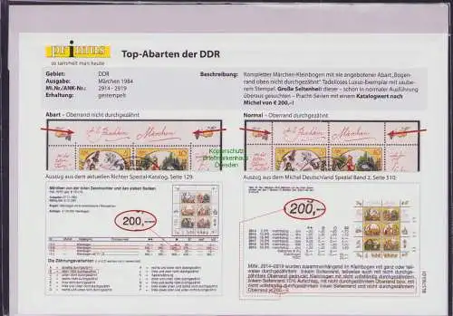 B15287 DDR 1984 Kleinbogen 2914 - 2919 gestempelt Oberrand nicht durchgezähnt