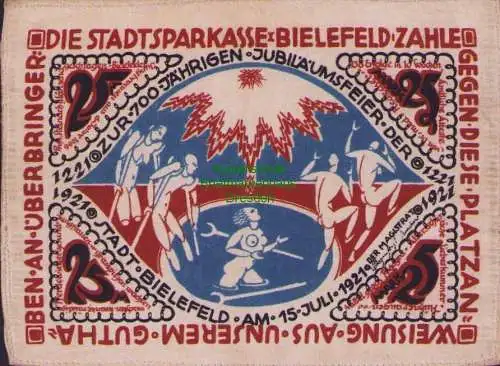 B15285 Notgeld Bielefeld Seidengeld von 1921 mit Stempel rechts der "25"