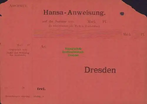 B15281 Ganzsache Formular Privatpost Dresden Verkehrsanstalt Hansa um 1895