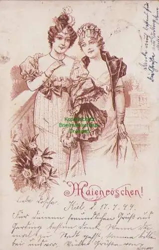 B15269 AK Litho Maienröschen 2 Frauen Privatpost Kiel Courier 1899