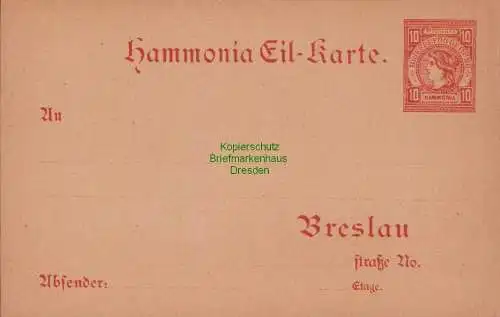B15259 Ganzsache Privatpost Hammonia Breslau um 1895 Eil-Karte