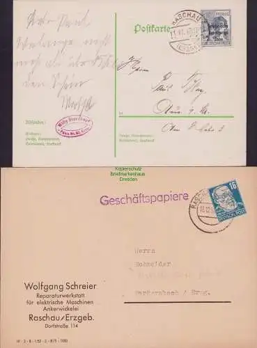 B15257 Brief Raschau 1952 Ankerwicklerei nach Markersbach Postkarte 1948 n. Aue