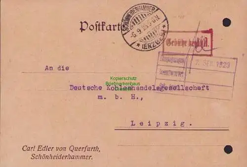 B15253 Postkarte Schönheiderhammer Gebühr bezahlt 1923 Carl Edler von Querfurth