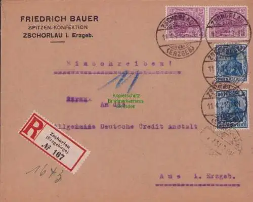 B15249 Brief DR Infla Zschorlau i. Erzgeb. Einschreiben nach Aue 1921 Germania