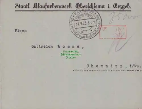 B15246 DR Brief Gebühr bezahlt 1923 Blaufarbenwerk Oberschlema nach Chemnitz
