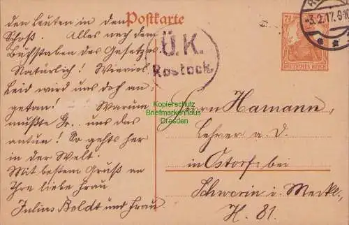 B15244 DR Postkarte Ganzsache Rostock Ü. K. Zensur nach Ostdorf bei Berlin