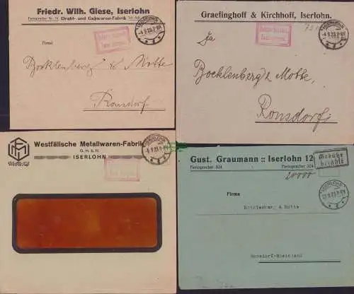 B15242 4 Briefe Gebühr Bezahlt 1923 Iserlohn Westfälische Metallwaren Fabrik