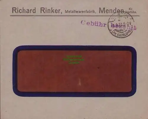 B15241 DR Brief Menden Kr. Iserlohn Metallwarenfabrik Rinker Gebühr bezahlt 1923