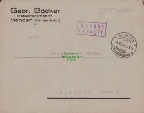 B15240 DR Brief Menden Kr. Iserlohn Metallwarenfabrik Böcker Gebühr bezahlt 1923
